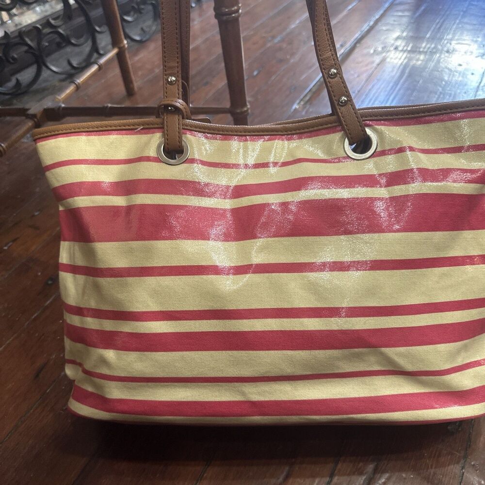 Nine West Tote Handbag Pink Cream Striped Double Handles Leopard Print Lining
